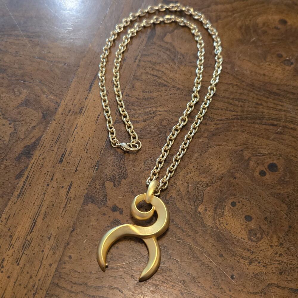Vintage Gold Tone Abstract Crescent Horn Statement Pendant Necklace 67g